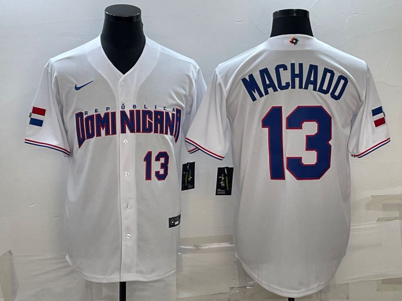 Men 2023 World Cub #13 Machado White Nike MLB Jersey->more jerseys->MLB Jersey